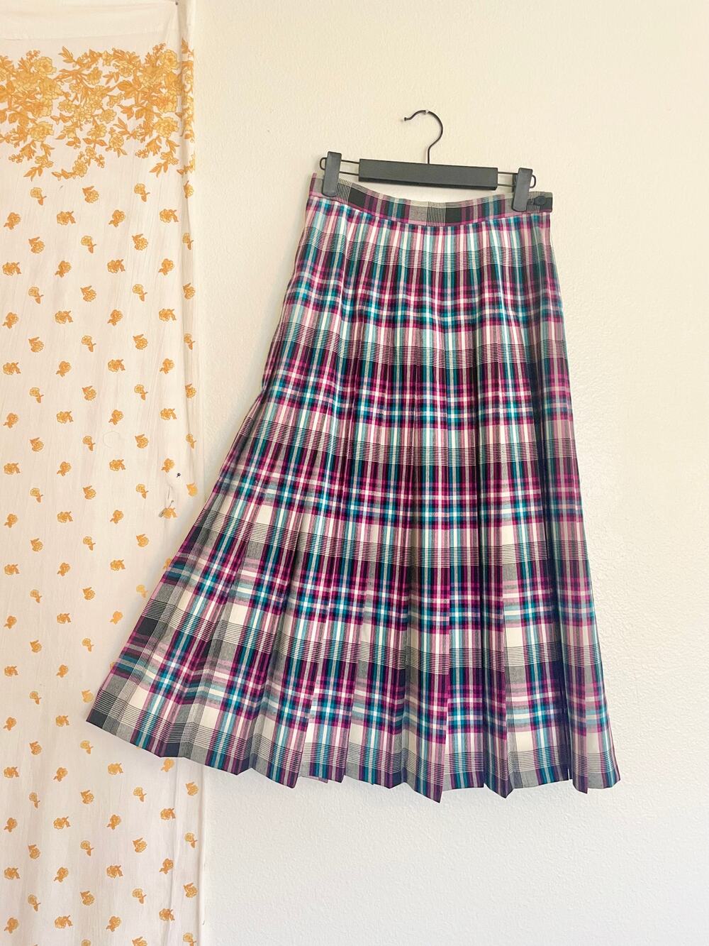 Vintage 80s Pendleton Wool Plaid Midi Skirt Purple Teal USA Size 6